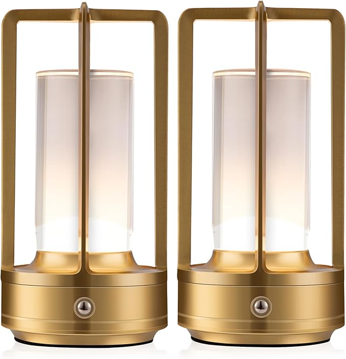 Anxingtools Portable Metal Table Lamp, Cordless Table Lamp, Rechargeable Battery Powered Portable LED Desk Lamp, 3 Color Stepless Dimming Touch, for Bedroom Restaurant Home Outdoor (2 Set of Gold)
