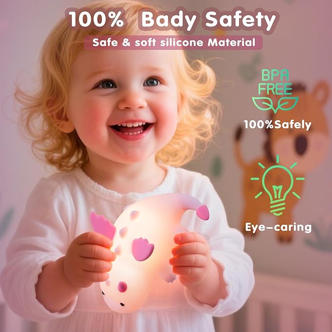 Cute Baby Dragon Kids Night Light for Kids,Cute Soft Silicone Lamp 3 Level Dimmable Changing Rechargeable Breastfeeding Nursery Portable Kawaii Lamps,Bedside Lamp for Baby and Toddler,Boy Girls（Pink）