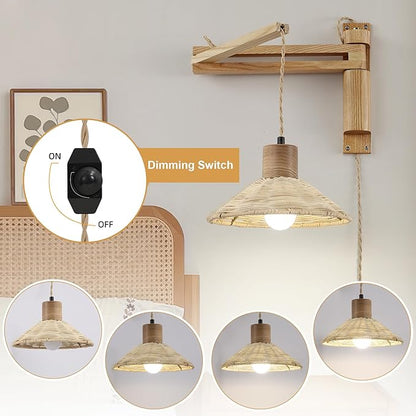 Wood Plug in Wall Sconces, Swing Arm Wall Lamp with Dimmable On Off Switch, Vintage Wall Mounted Light Fixture with Cord for Bedroom Nightstand Bedside Reading Lamp - Bulb Included