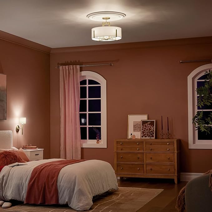 Kichler Malen Convertible Semi-Flush Mount 8-Light 20" Ceiling Light Fixture with White Fabric Shade in Champagne Bronze for Dining Room, Living Room, or Bedroom, 52592CPZ
