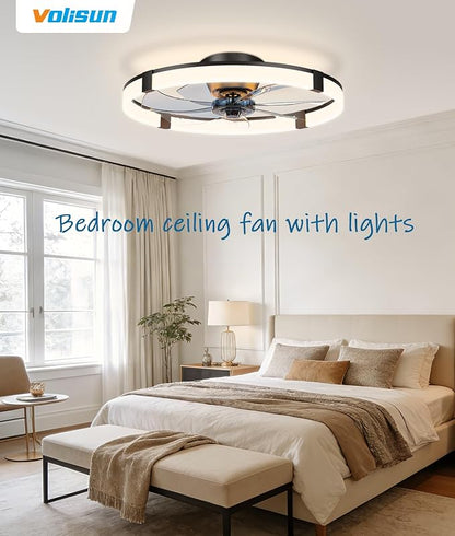 VOLISUN Low Profile Ceiling Fans with Lights and Remote, 23.6in Flush Mount Ceiling Fans with Light, 3000K-6500K Dimmable Fandelier Ceiling Fan, Black Bladeless Ceiling Fan for Bedroom