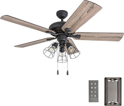 Prominence Home Lincoln Woods, 52 Inch Industrial Style LED Ceiling Fan with Light, Remote Control, Three Mounting Options, 5 Dual Finish Blades, Reversible Motor - 50745-01 (Bronze)