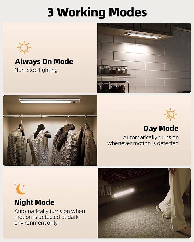 EZVALO 12inch Under Cabinet Lighting Wireless with Battery Indicator, 2500mAh Rechargeable Motion Sensor Light Indoor, 96 LED Under Counter Lights for Kitchen Closet, 3 Color Temps, Dimmable, 3 Pack