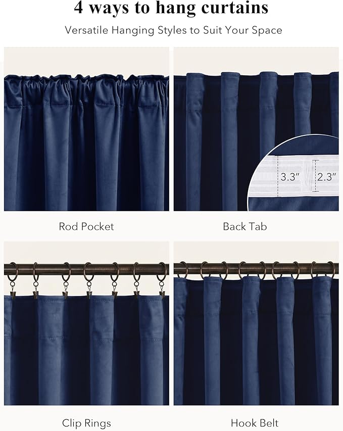 StangH Navy Blue Curtains 92 inches Long Super Soft Velvet Room Darkening Thermal Insulated Window Drapes Back Tab Luxury Decor for Dining Living Room, W52 x L92, 2 Panels
