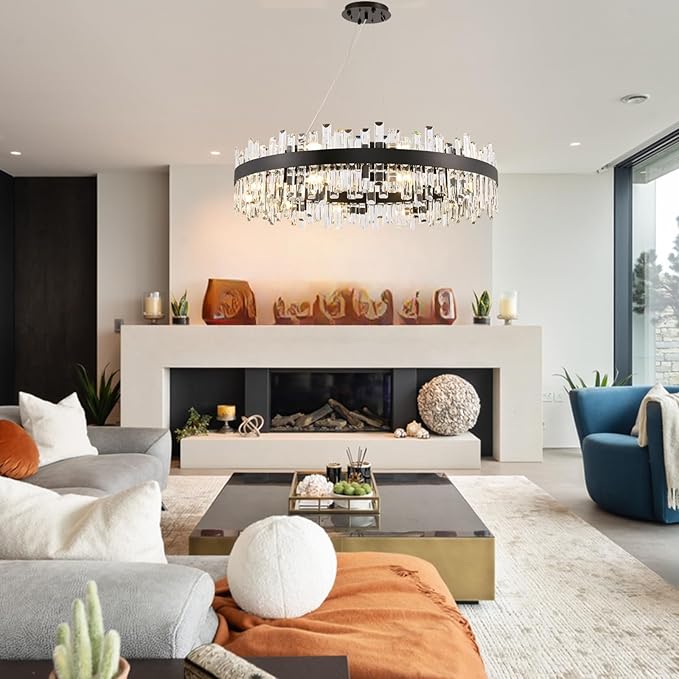 20-Light Modern Large Crystal Chandelier Black Round 2-Tiers Raindrop Chandelier Luxury Flush Mount Hanging Ceiling Light for Dining Living Room Entryway Foyer Stairway D39.4''