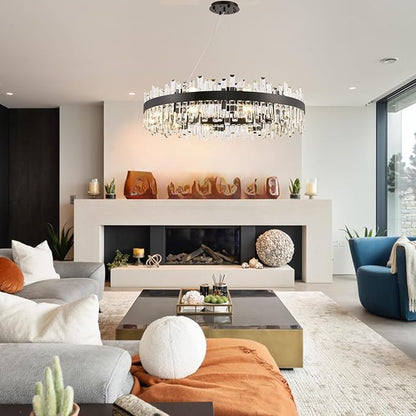 20-Light Modern Large Crystal Chandelier Black Round 2-Tiers Raindrop Chandelier Luxury Flush Mount Hanging Ceiling Light for Dining Living Room Entryway Foyer Stairway D39.4''