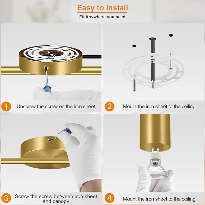 Plug in Track Lighting, LED Track Lighting Fixtures Ceiling, Gold 6-Light Kitchen Light Kit, Plug in Wall Light with 14.8ft Power Cord, Rotatable Ceiling Spotlight for Bedroom(GU10 Socket, NO Bulb)