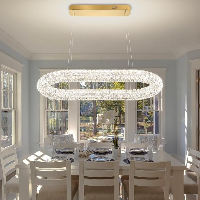 Led Ring Chandelier, Modern Linear Oval Chandelier for Dining Room 31.5in Gold Crystal Ring Pendant Light Dimmable 3000K-6000K