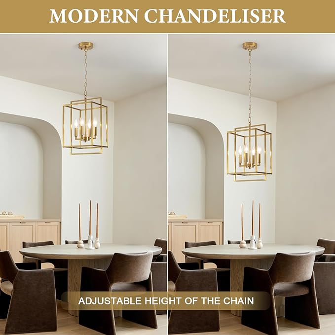 4-Light Gold Lantern Chandelier, Rustic Farmhouse Rectangle Pendant Light, Adjustable Height Modern Dining Room Light Fixture for Kitchen Island Living Room Entryway Foyer 10.8Inch