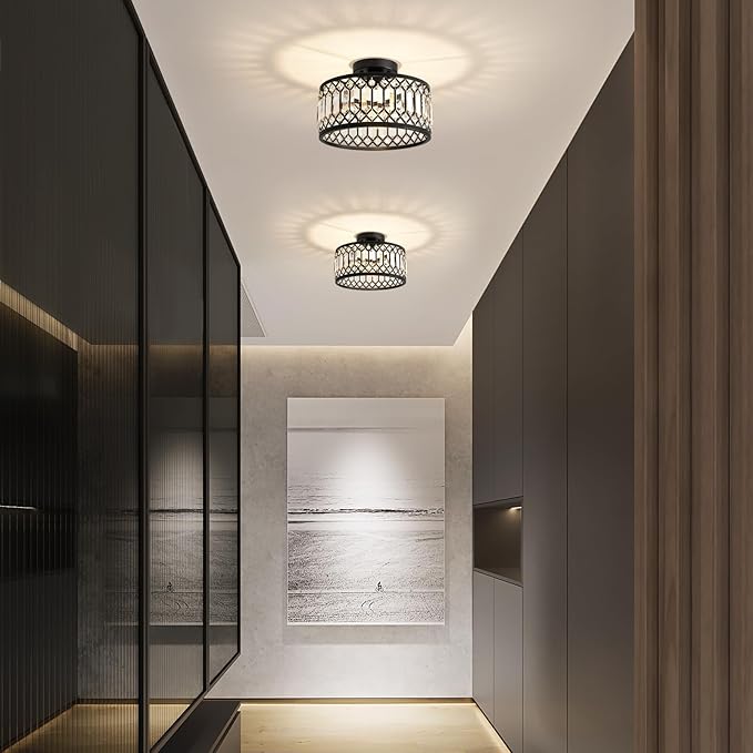 Pevfah Crystal Black Ceiling Light, Modern Semi Flush Mount Ceiling Lighting Fixture, Round Hallway Lighting Fixtures for Kitchen Entryway Bedroom Laundry Room, 1-Light, 11.4 Inch