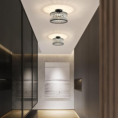 Pevfah Crystal Black Ceiling Light, Modern Semi Flush Mount Ceiling Lighting Fixture, Round Hallway Lighting Fixtures for Kitchen Entryway Bedroom Laundry Room, 1-Light, 11.4 Inch