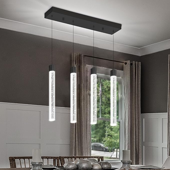 4-Lights Black Modern Crystal Column Chandeliers for Dining Room Dimmable LED Adjustable Height Hanging Pendant Light for Kitchen Island,Bedroom,Over Table,Living Room