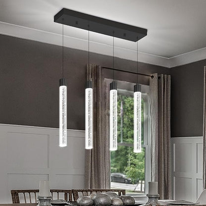 4-Lights Black Modern Crystal Column Chandeliers for Dining Room Dimmable LED Adjustable Height Hanging Pendant Light for Kitchen Island,Bedroom,Over Table,Living Room
