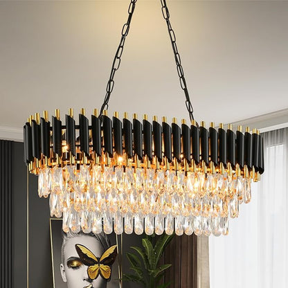 Modern Crystal Chandeliers for Dining Room Black and Gold Chandelier Living Room 8-Light Pendant Light Fixture Oval Contemporary Ceiling Hanging Light for Kitchen Island Bar L32 inch