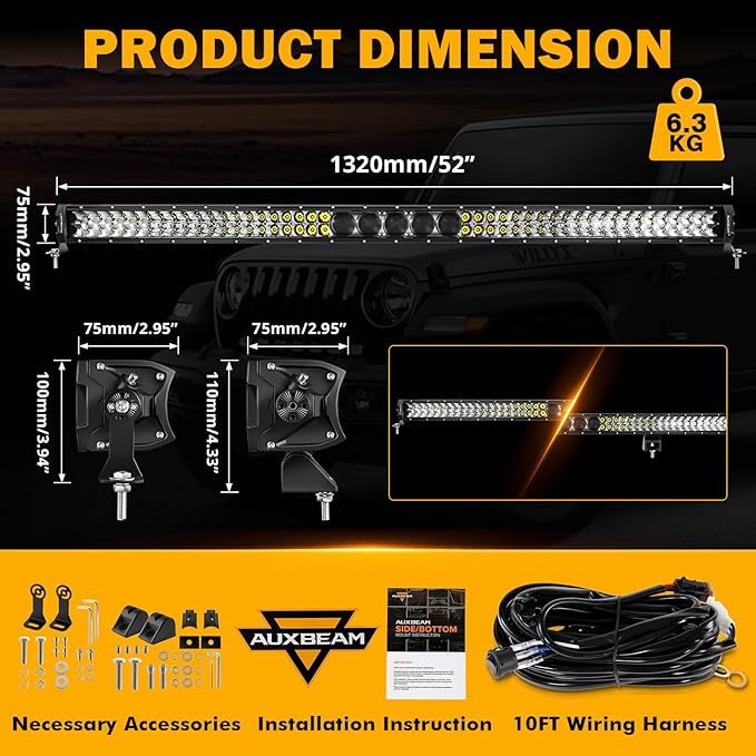 Auxbeam 52 Inch led Light bar 450W LED Driving Work Light Slim Dual Row Spot Flood Combo Off Road Lights 5D PRO Lens Driving Lamp with Wiring Harness for Trucks Jeep Off Road SUV UTV ATV