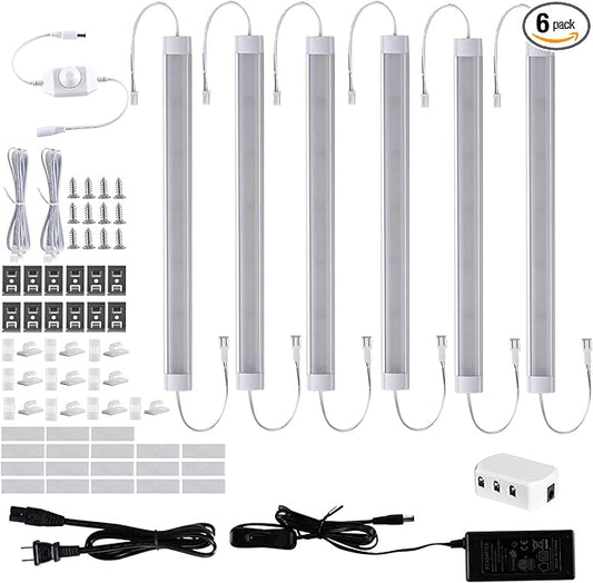 LABOREDUCER LED Under Cabinet Lighting Plug in Warm White 6 Pack,12inches Bar Dimmable Under Cabinet Lights, Under Counter Lights for Kitchen Ultra Slim LED Lights Hardwired Linkable 24V