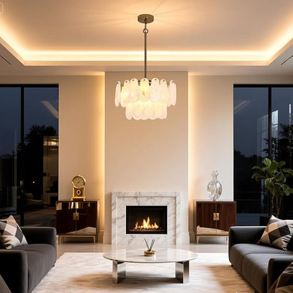 Modern Crystal Glass Chandelier, 17.7" Gold Luxury Hanging Pendant Light Fixture, 6-Light Round Cloud Ceiling Chandeliers Lighting for Dining Room Living Room Bedroom Foyer Stairway, E12