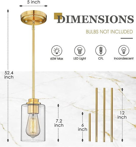 Brass Pendant Lights Kitchen Island 2 Pack, Farmhouse Gold Pendant Lighting with Clear Glass Shade, Mini Hanging Light Fixture for Kitchen Sink Dining, AD-22281-1P2-GD-C