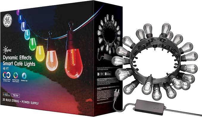 GE Cync Dynamic Effects Smart Cafe Lights, Color Changing Patio String Lights, Compatible with Alexa and Google, 48ft
