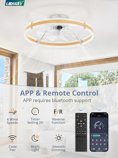 LEDIARY Ceiling Fans with Lights and Remote, 24'' Low Profile Ceiling Fan with Light, 3000-6000K Dimmable Fandelier Ceiling Fans, Modern Flush Mount Fan for Bedroom with 6 Wind Speeds- Wood Grain