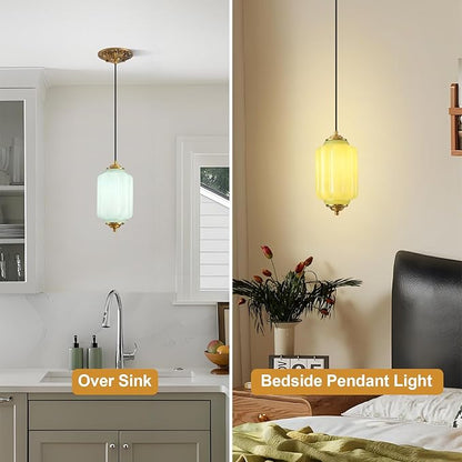 Green Glass Pendant Light, 5.5in Small Schoolhouse Light Fixture, LED Bulb Included, Vintage Art Deco Chandelier for Kitchen Island Dining Room Bedroom Hallway, Green & Antique Gold 1 Pack