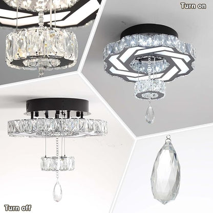 Flashing God 16 Inch Mini Chandelier Modern Crystal Chandeliers Light Semi Flush Mount Ceiling Light Fixture Small Black Chandelier for Bedroom Hallway Kitchen Foyer