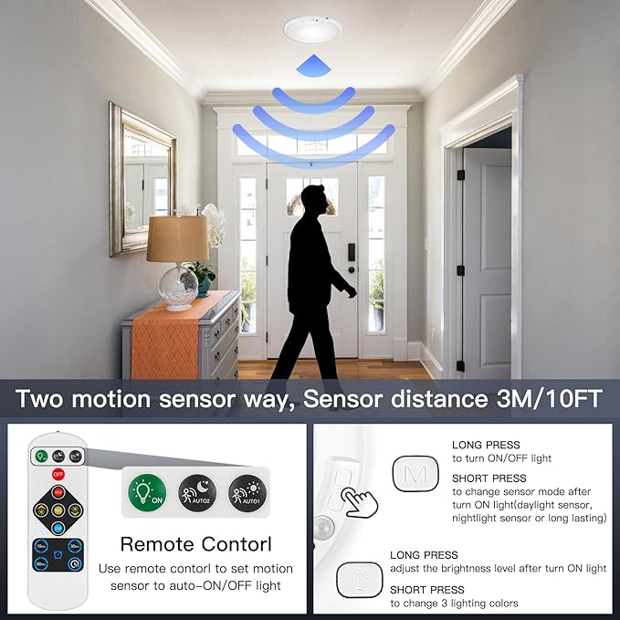 Battery Ceiling Light Fixture with Remote &Motion Sensor 2 in 1, Wireless Bathroom Ceiling Light Shower Light Rechargeable,3Lighting&Dimmable, Magnet Mount LED Closet Light for Bedroom Stairs Garage