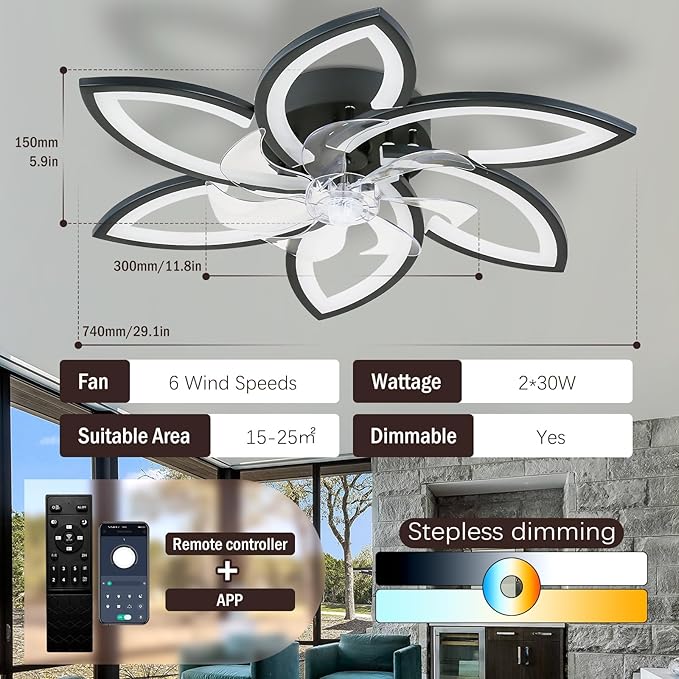 Ceiling Fan with Lights and Remote Control Low Profile Ceiling Fan with Lights Modern Dimmable Flower Shape 29.1" Black, 6 Speeds 3 Light Color Flush Mount Fandelier for Kitchen Bedroom