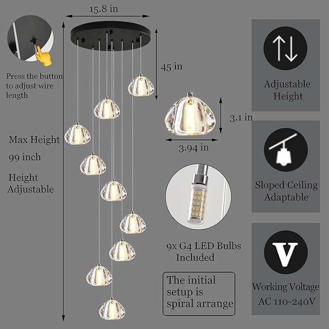 Modern Crystal Chandelier 9-Lights High Ceiling Raindrop Chandelier Lighting Fixture, LED Round Indoor Lighting Fixture Black for Foyer Staircase Living Room