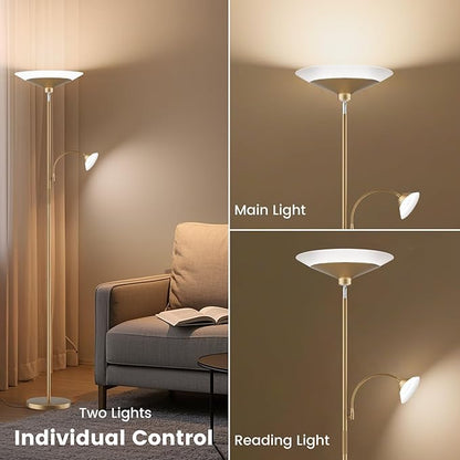 SIBRILLE Gold Torchiere Floor Lamp - 2 Way LED Standing Lamp with Reading Light, Dimmable 72'' Tall Lamp with Remote Color Changing, 34W Mordern Uplighter for Living Room Bedroom Office