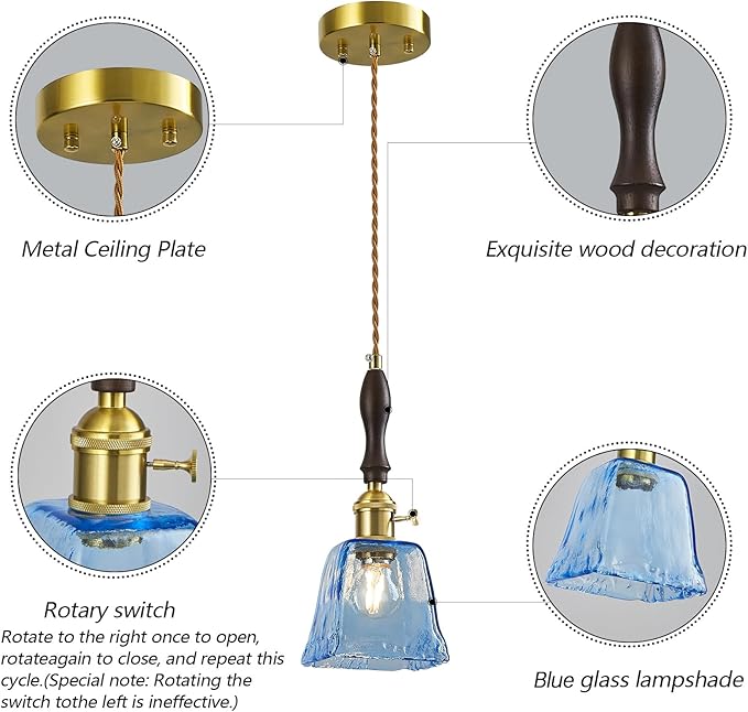 Blue Glass Vintage Pendant Light Height Adjustable Handmade Glass Pendant Lights Kitchen Island Gold Hanging Light Fixture with Wood Handle for Bedroom Dining Room Hotel (2 Pack)