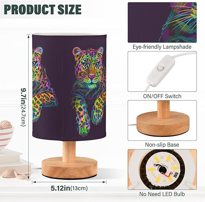 Table Lamp Multicolor Leopard Jaguar Neon Colorful Animal Nightstand Lamp with Wood Base Fabric Lamp Shade Bedside Desk Lamp for Living Room Bedroom Kids Room Office