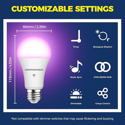Lightinginside Smart Light Bulbs 100W Equiv., 1350LM 11W Smart Bulb Works with Alexa/Google Home/SmartLife, A19 E26 RGBCW Color Changing, No Hub Required, 2.4G WiFi Light Bulbs, ETL Listed, 4PCS