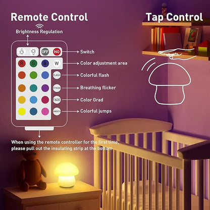 MUID Mushroom Lamp, Rechargeable Night Light, Multi-Color LED Mushroom Nightlight, Dimmable Nightlamp for Breastfeeding, Nursery Squishy Silicone Lamp for Bedroom(Tap/Remote Control)