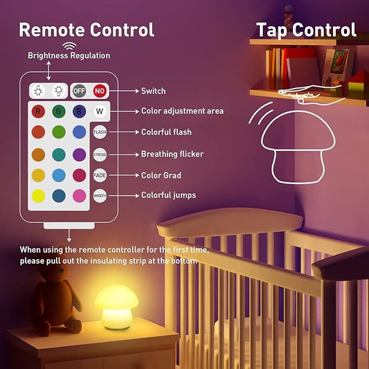 MUID Mushroom Lamp, Rechargeable Night Light, Multi-Color LED Mushroom Nightlight, Dimmable Nightlamp for Breastfeeding, Nursery Squishy Silicone Lamp for Bedroom(Tap/Remote Control)