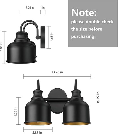 Bathroom 2-Light Vanity Fixture Farmhouse Wall Sconce with Matte Black Metal Shade Industrial Wall Lights for Bedroom,Kitchen,Living Room,Hallway