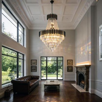 Luxury Modern Crystal Chandelier K9 Raindrop Crystal Chandelier Black Finish 7-Tier Crystal Pendant Ceiling Light Fixture for Dining Room Living Room Foyer Hallway (D40in-31 Lights)
