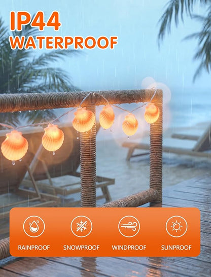 SUNSGNE 8.5FT LED Summer Seashell String Lights, 10 Textured Translucent Shell Beach String Lights with White Wire, Connectable Outdoor Indoor Decor for Summer Beach Theme, Pool Party, Ocean Bathroom