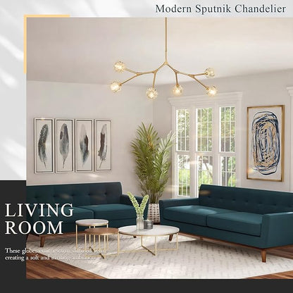 K9 Crystal Pendant Light Fixture Sputnik Chandeliers for Dining Room 6 Light Modern Gold Chandelier L43’' Mid Century Flush Mount Chandelier for Over Table Living Room Kitchen Island