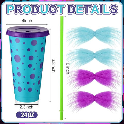 12 Sets Monster Party Supplies 24 oz Reusable Monster Themed Party Plastic Cups and Fur Plush Purple Blue Bows Bulk Cartoon Themed Drinking Cups for Girl Boy Birthday Baby Shower Decorations