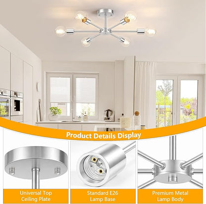 Lomoky 6-Lights Brushed Nickel Kitchen Light Fixtures Ceiling Mount, Modern Semi Flush Mount Ceiling Light, Sputnik Close to Ceiling Light for Bedroom Dining Room Hallway