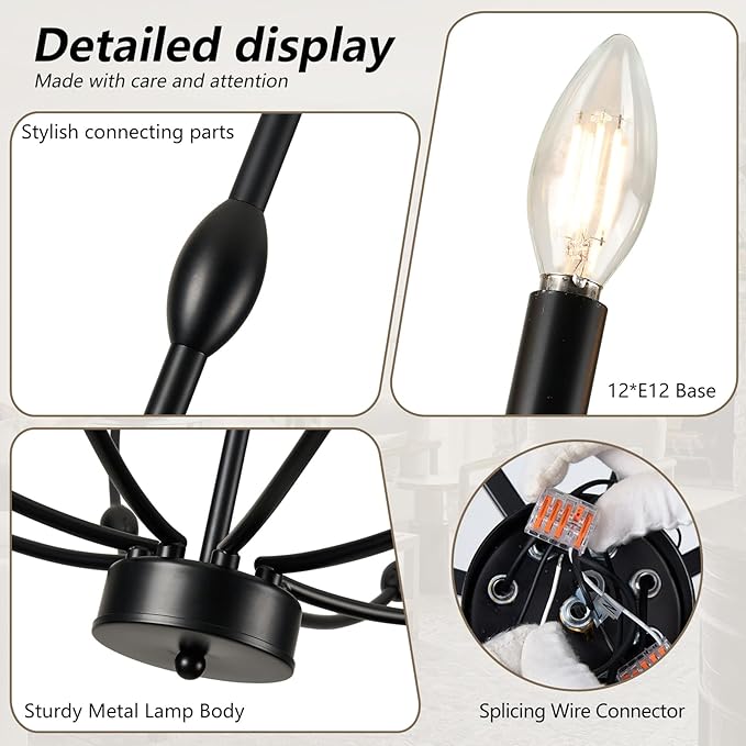 Large 35 Inch 2-Tier Modern Black Chandelier, 12-Light Farmhouse Candle Pendant Light for High Ceiling Foyer Entryway Living Room