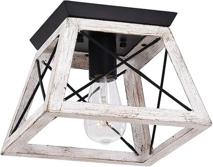 Luupyia 9.84Inches Farmhouse Ceiling Light Fixture Semi Flush Mount, White Square Farmhouse Ceiling Light, Rustic Metal Island Overhead Lighting Fixtures for Dining Room Entryway Living Room, E26