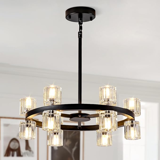 18'' Modern Large Chandelier, 12-Light Elegant Crystal Chandeliers for Dining Room, Black Farmhouse Round Wagon Wheel Pendant Lighting Fixture with Glass Shade for Living Room High Ceilings Entryway