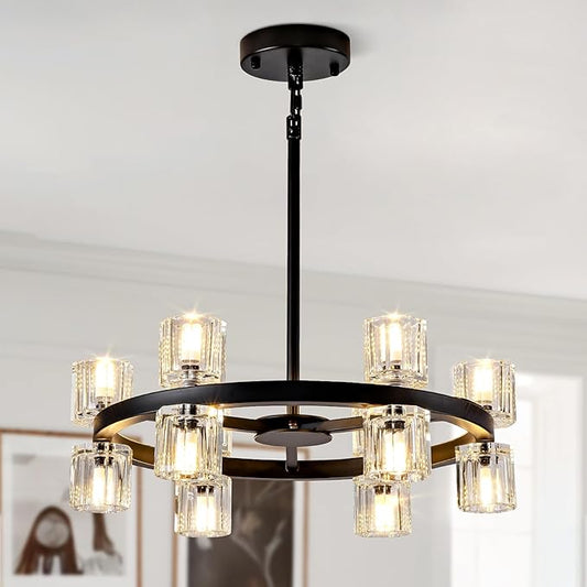 18'' Modern Large Chandelier, 12-Light Elegant Crystal Chandeliers for Dining Room, Black Farmhouse Round Wagon Wheel Pendant Lighting Fixture with Glass Shade for Living Room High Ceilings Entryway