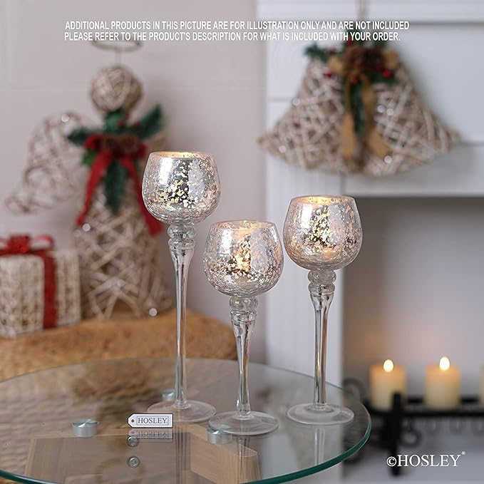 Hosley Set of 3 Metallic Crackle Glass Tealight Holders – 12", 10", 9" Elegant Home Decor, Ambient Lighting, Stylish Centerpieces & Gift Idea