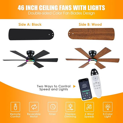Asyko 46In Low Profile Ceiling Fans with RGB Light,Ceiling Fan, Modern Flush Mount Fan Light for Indoor Bedroom, Kids Room,Dimmable+3CCT, Quiet Reversible Motor