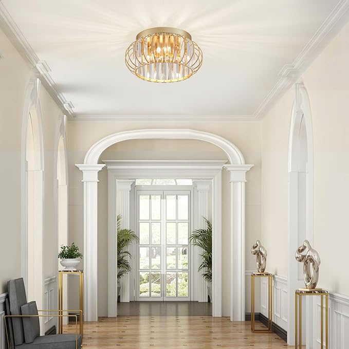 3-Light Modern Crystal Chandelier Gold Flush Mount Ceiling Light Fixtures for Hallway Foyer Bedroom Kitchen Dining Room Living Room, Metal Indoor ‎Close to Ceiling Lamp
