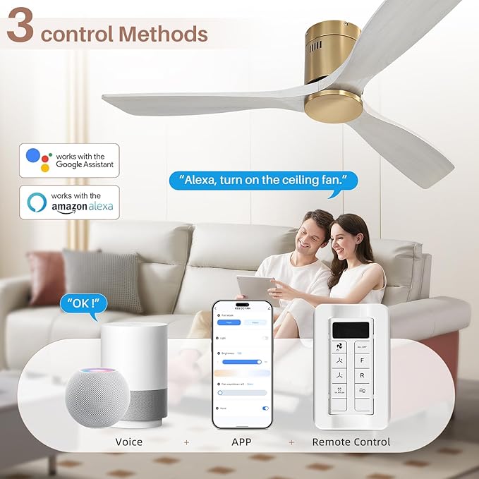 CACI Mall 52 Inch Smart Ceiling Fan without Light, Flush Mount, 3 Blades Solid Wood, Low Profile, Modern, Outdoor/Indoor Ceiling Fans No Light for Bedroom/Farmhouse/Patio