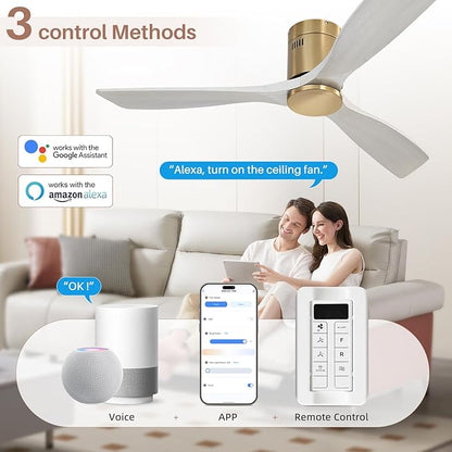 CACI Mall 52 Inch Smart Ceiling Fan without Light, Flush Mount, 3 Blades Solid Wood, Low Profile, Modern, Outdoor/Indoor Ceiling Fans No Light for Bedroom/Farmhouse/Patio